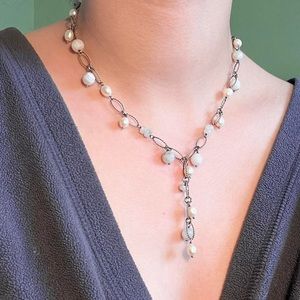 Stunning sterling silver lariat pearl and moonstone chain drop necklace
